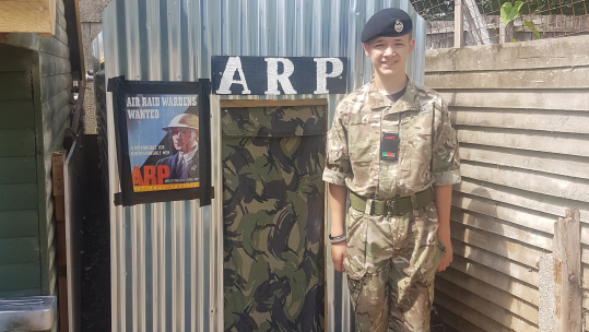 Cadet Ben Hall with his Anderson Shelter. Credit Shelley Hall