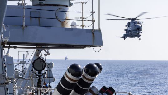 HMSRCMD with Wildcat helo and USS Higgins in Taiwan Strait