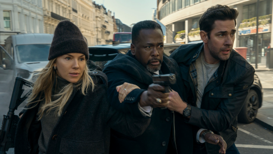From L to R are actors Sienna Miller, Wendell Pierce and John Krasinski, stars of Tom Clancy's film Jack Ryan Ghost War released on Amazon Prime Video on 20th May 2026