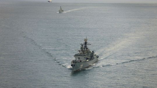 Last year, HMS Iron Duke shadowed the Russian frigate Neustrashimy (foreground) through the English Channel (Picture: MOD)