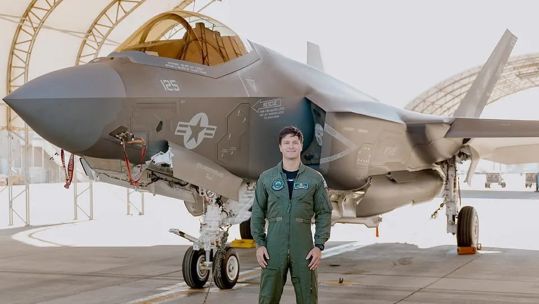 The F-35C Lightning II flown by Lieutenant Woods is a very different beast compared with the B variants most British pilots are used to - the most obvious feature here being the twin nose wheel (Picture: MOD)
