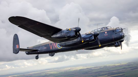 Avro Lancaster PA474 from the Battle of Britain Memorial Flight takes flight over RAF Brize Norton - the war ended before PA474 was deployed and she did not see combat