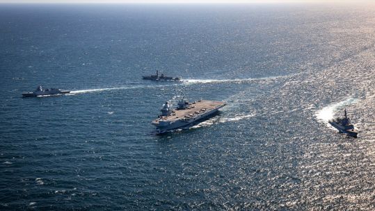 HMS Prince of Wales met up with American aircraft carrier USS George Washington (Picture: UK Carrier Strike Group X)