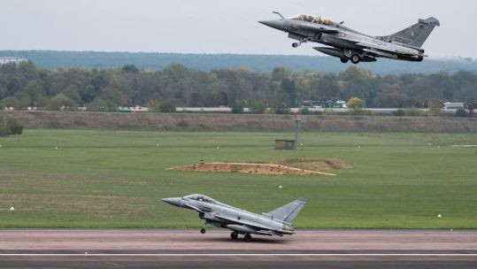 An RAF Typhoon and French Air and Space Force Rafale carry out a joint take-off ahead of a sortie over the Mediterranean (Picture: French defence ministry)