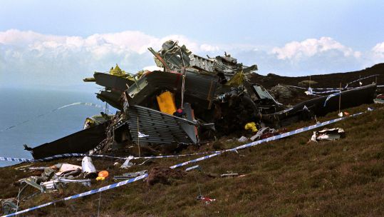 After hitting the hillside, the bulk of the helicopter remained airborne for 187 metres before coming to rest in pieces (Picture: Alamy)