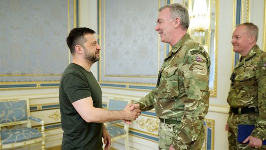 Ukrainian President Volodymyr Zelensky welcomes outgoing CDS Admiral Tony Radakin in Kyiv 