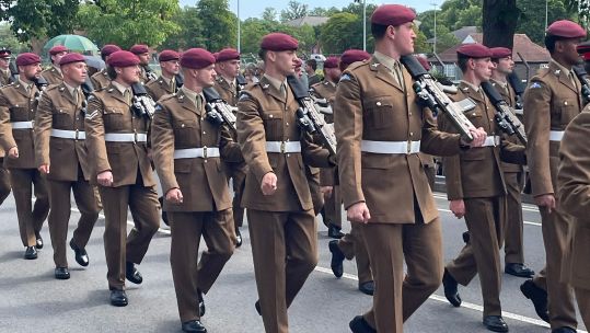Members of The Parachute Regiment, the Defence Secretary's old regiment, march in the tri-service parade in Aldershot (Picture: BFBS)