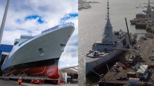 A Type 31 Frigate alongside a French FDI ship