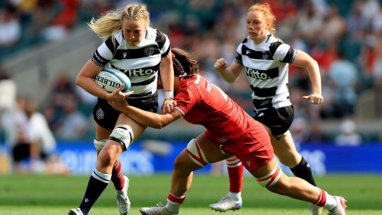 27062026 Barbarians' Sarah Bonar (left) is tackled by Wales' Branwen Metcalfe during a women's international test match at Allianz Stadium, Twickenham CREDIT PA Images