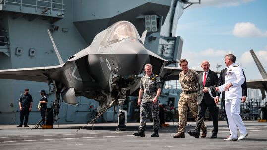 Defence Secretary John Healey toured the Royal Navy flagship with Australian Defence MInister and Deputy PM Richard Marles