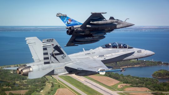 Like the F-35 - and unlike the US Navy F/A-18 Super Hornet seen here, Rafale variants are available for both air force and naval use