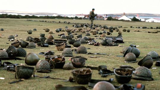 Steel helmets abandoned by Argentine armed forces who surrendered at Goose Green to British Falklands Task Force troops (Picture: PA Images)