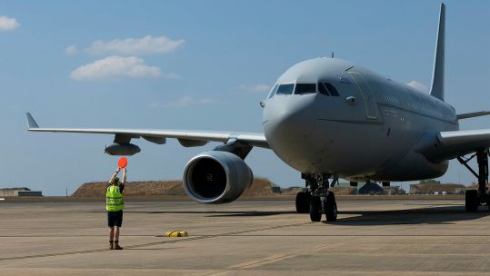 A Royal Air Force Voyager is marshalled into its parking spot at RAAF Base Darwin (Picture: MOD)