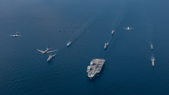  RAF F-35B jets flew alongside a Malaysian Airbus A400M Atlas and an Australian P-8 Poseidon over CSG2025