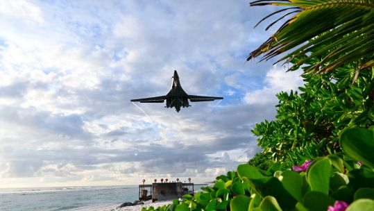 2HB3RG2 A B-1B Lancer from Ellsworth Air Force Base, S.D., lands after a Bomber Task Force mission at Naval Station Diego Garcia 251121 CREDIT Alamy NOT FOR REUSE.
