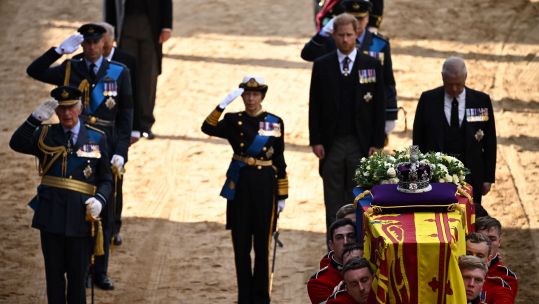 King Charles III, the Prince of Wales, and the Princess Royal salute, whilst the Duke of Sussex and the Duke of York bow their heads during Queen's procession