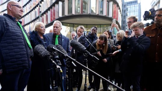 The family of Harry Dunn talking to the media outside the Old Bailey in London, after US citizen Anne Sacoolas pleaded to causing Harry Dunn's death by dangerous driving