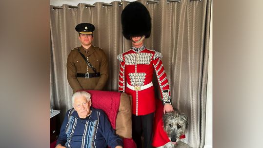 2Lt Fell, Dmr Dean and Seamus visit Irish Guards WWII veteran William Cecil Denny (Jim) for 100th birthday 210324 CREDIT IRISH GUARDS