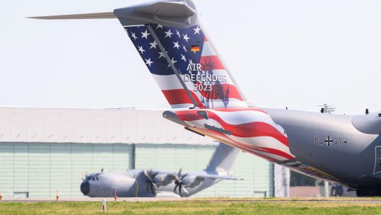 2R60GP9 Wunstorf, Germany. 06th June, 2023. An Airbus A400M of the German Air Force with special livery Air Defender 2023 taxis to the runway CREDIT Alamy.jpg