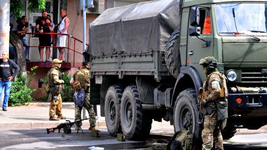 Wagner Group personnel outside the Russian Southern Military District staff headquarters on June 24, 2023 in Rostov-on-Don, Russia