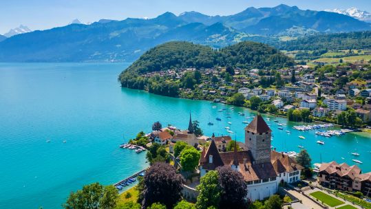 2REGNRJ Aerial view of Spiez Castle and lake Thun in summer 090723 CREDIT Alamy .jpg