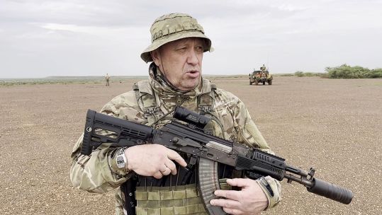 leader of Russia's Wagner mercenary group Yevgeny Prigozhin as he addresses the camera at an undisclosed location.