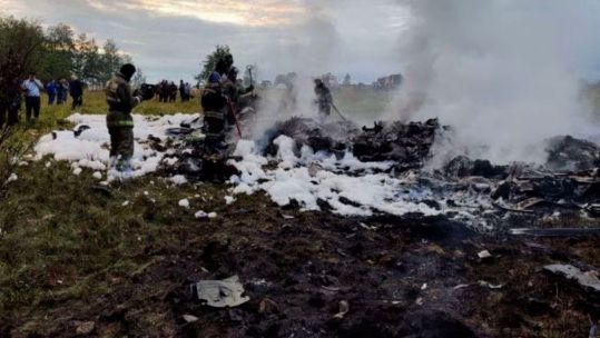 An aircraft wreckage at an accident scene following the crash of a private jet Embraer Legacy 600 belonging to Wagner Leader Yevgeny Prigozhin