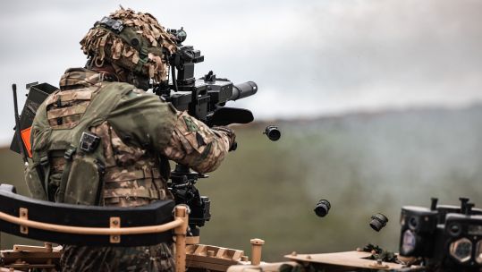 2nd Battalion The Royal Gurkha Rifles fire a grenade machine gun from a RWMIK (Revised Weapons Mount Installation Kit) during Exercise Wessex Storm 17042023 CREDIT MOD Crown