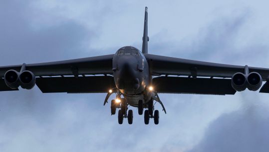 A B-52H Stratofortress comes in to land at RAF Fairford, which serves as the USAF's key operating base in Europe for other heavy bombers such as the B-1 Lancer and B-2 Spirit as well as the long-range recce U-2S Dragon Lady (Picture: MOD)