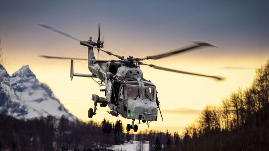 A Wildcat HMA2 helicopter from the Commando Helicopter Force takes flight in Norway during Operation Clockwork