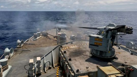 HMS Spey showed off its 30mm cannon during Exercise La Pérouse, led by the French Navy’s carrier strike group east of Suez (Picture: Royal Navy)