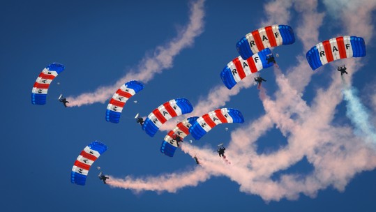 RAF Falcons Parachute Display Team RAF Benson Parachutes Red White Blue Plumes Of Smoke Defence Imagery 2013