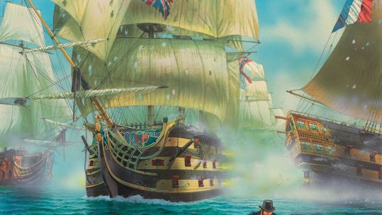 illustration of HMS Victory crossing the T in the Battle of Trafalgar