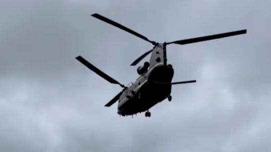 A 28 Sqn Chinook conducted a training approach and departure on Clarkson's farm 12042024 CREDIT diddlysquat.farmshop insta