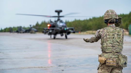 A 656 Sqn, 4 Regt AAC Apache D being taxied into position during Exercise SPRING STORM 23 at a live fire coastal range in Estonia 02062023 credit MOD.jpg