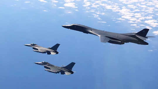 A B-1B Lancer flies with two Danish F-16s during a training mission for Bomber Task Force Europe, May 5, 2020. CREDIT DANISH AIR FORCE