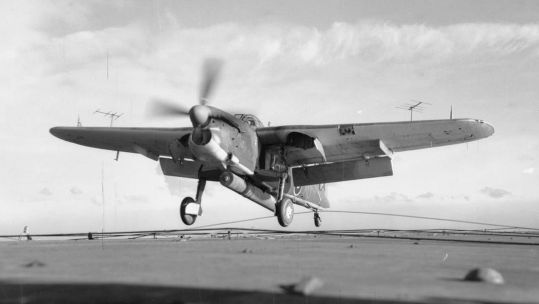 A Fairey Barrcuda comes in to land on HMS Vengeance
