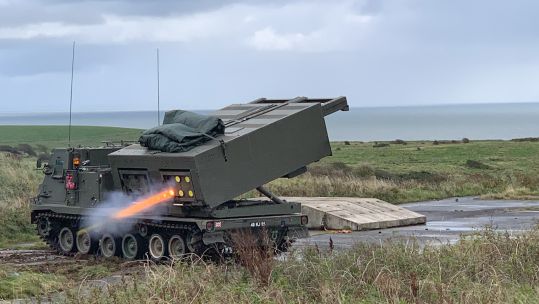 A M270 MLRS operated at Kirkcudbright Training Area in Scotland.