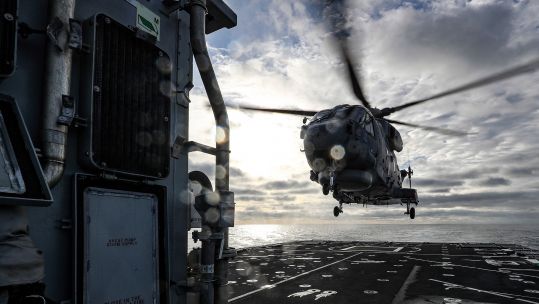 A Merlin Mk2 comes in to land on HMS Tamar (Picture: Royal Navy).