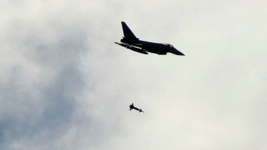 A Paveway II guided bomb is dropped from a Royal Air Force Typhoon of 6 Squadron, based at RAF Leuchars credit MOD.jpg