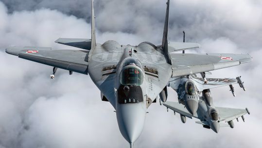 The Poles flew in a MiG-29 and the F-16, while the RAF took to the skies in a Typhoon and the Swedes used a JAS 39 Gripen (Picture: MOD)
