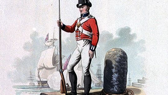 A picture of a Royal Marine private in 1815 shown on a dock