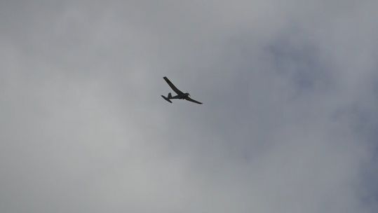 A Puma drone in flight over Predannack Airfield in Cornwall.