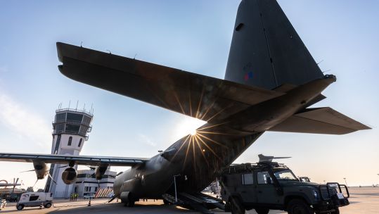 A Royal Air Force C130-J Hercules transport aircraft collects NATO freight at Bari Italy bound for Turkey (Picture: MOD).