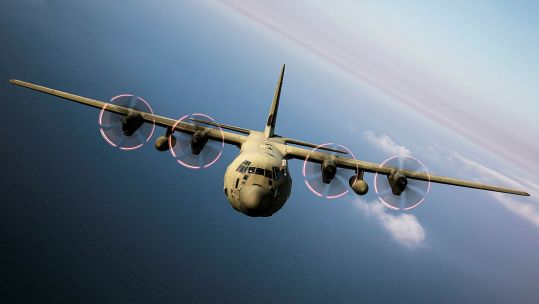 A Royal Air Force C130J C4 Hercules caught mid flight CREDIT UK MOD © Crown copyright 2022.