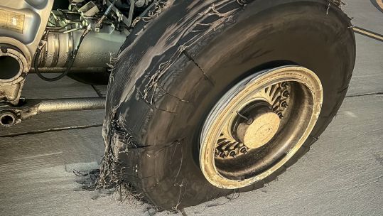 A Royal Air Force Voyager suffered a tire blowout during takeoff on the 10 January 2024 during Exercise Red Flag (Picture: MOD).