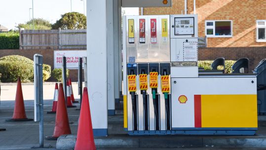A Shell garage at Shoreham, near Brighton, with no fuel to sell due to a shortage of fuel tanker truck drivers delivering around the UK