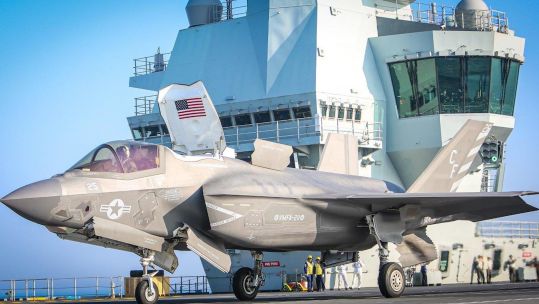 A US F-35B stealth fighter aircraft sits on the deck of HMS Queen Elizabeth ahead of Exercise Joint Warrior