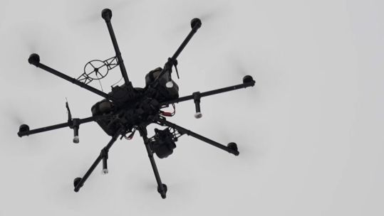 A drone in flight at a drone testing centre outside of Kyiv, Ukraine