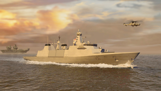 A graphic of HMS Venturer at sea with HMS Queen Elizabeth and a Wildcat helicopter CREDIT Royal NAVY 270224.